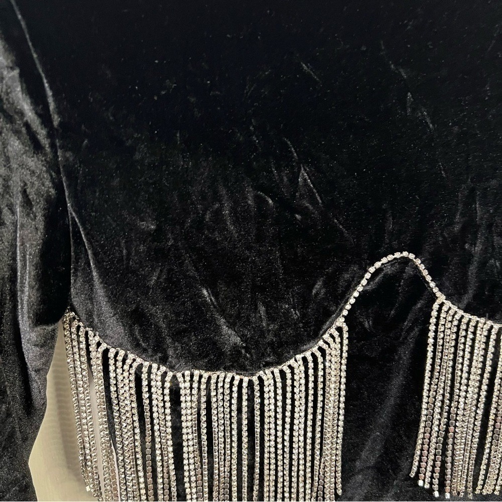 Thiliko Black Velvet Rhinestone Fringe Mock Neck‎ Mini Dress Small Long Sleeve - Picture 7 of 10